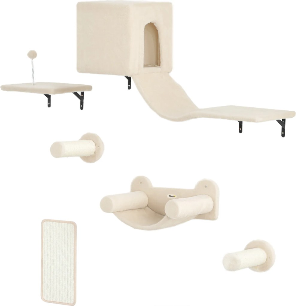 PawHut Set de Catarare pentru Pisici de Perete 6 Piese cu Condominiu Platformă Hamac Scări și Placă de Zgâriat Bej | Aosom Romania