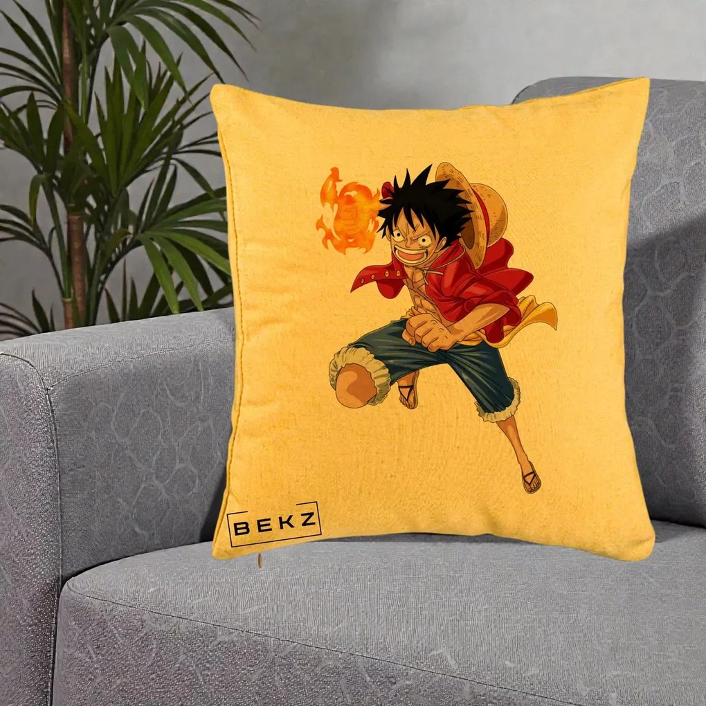 Perna Personalizata One Piece Luffy Gear Second Foc, 40x40 cm, Galben, Husa Detasabila, Perna Inclusa, BEKZ®