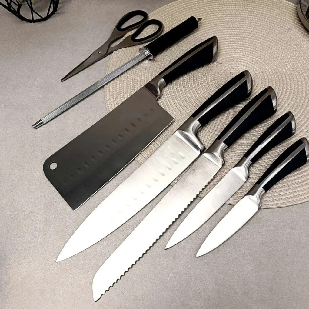Set cutite 8 piese inox, cu suport Royalty Line KSS700, manere negre