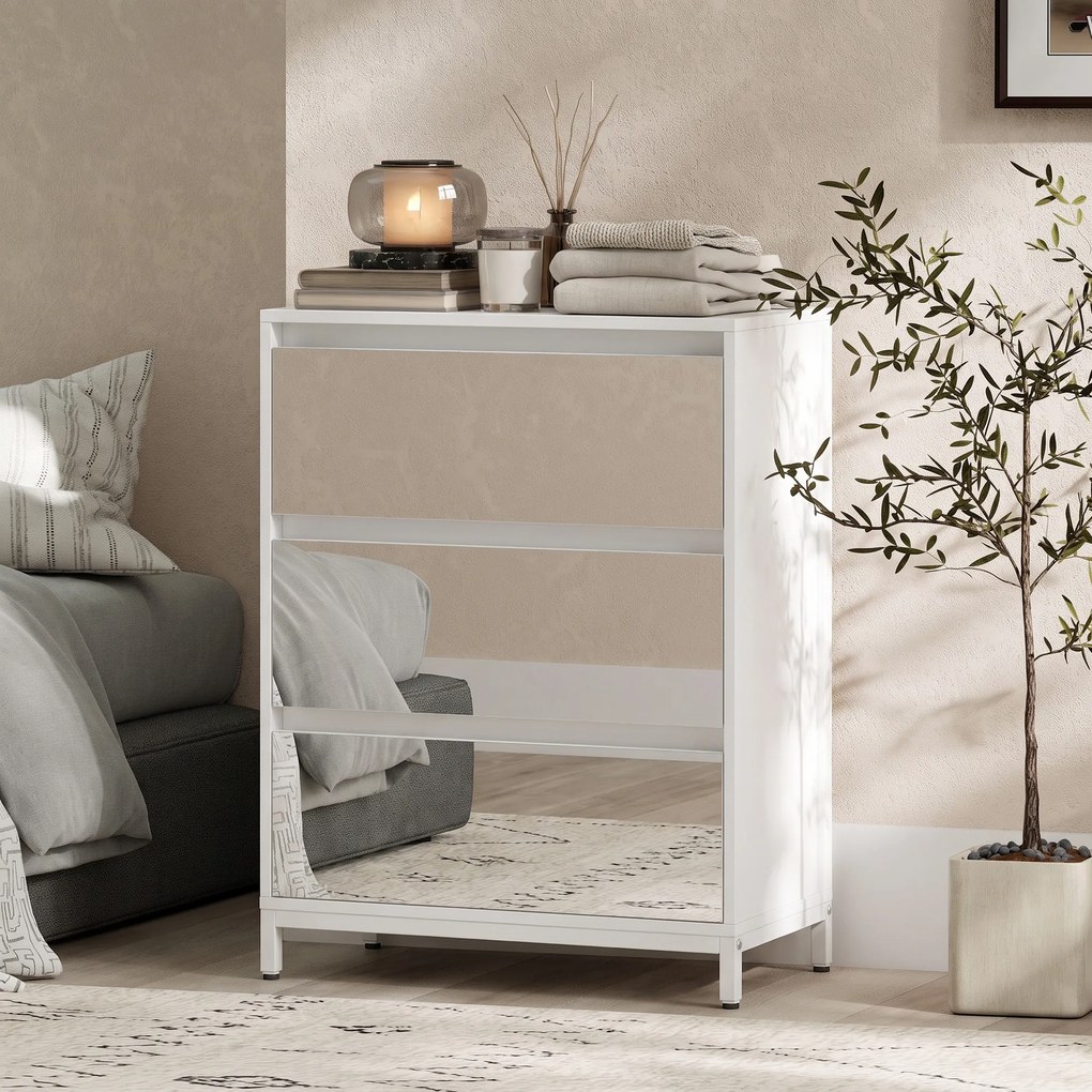 HOMCOM Comodă cu 3 Sertare și Fronturi Oglindă, Design Modern pentru Dormitor sau Hol, 60x35x80 cm, Albă | Aosom Romania