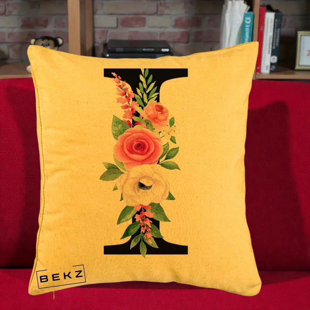Cadou Personalizat - Perna Personalizata Monograma Florala Litera I, 40x40 cm, Galben, Husa Detasabila, Perna Inclusa, BEKZ®