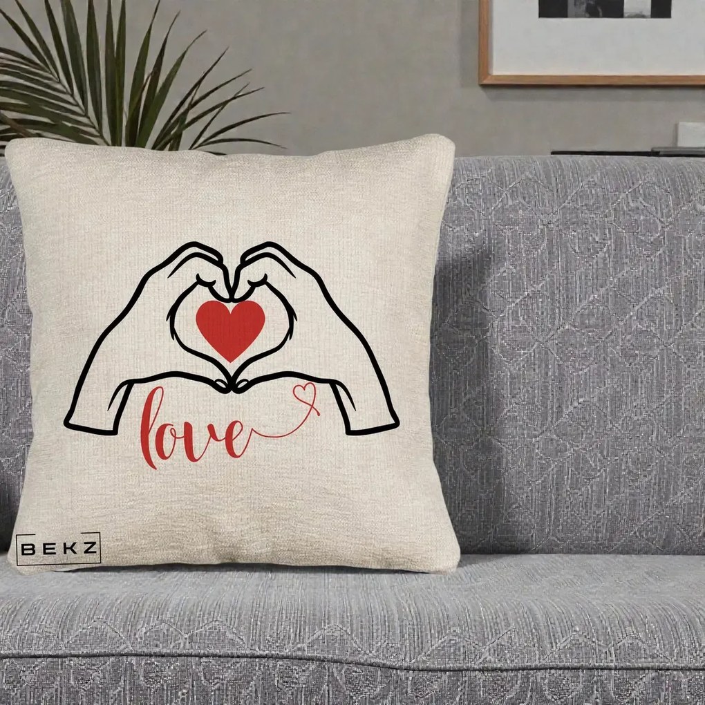 Perna Decorativa Love Maini Inima cu Inscriptie Love Rosu, 40x40 cm, Bej Canapea, Husa Detasabila, Perna Inclusa, BEKZ®