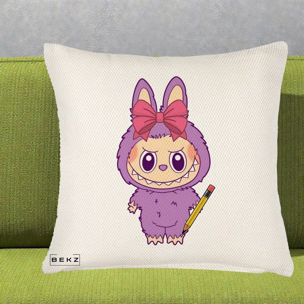Perna Personalizata Labubu Mov cu Funda Rosie si Creion, 40x40 cm, Crem Reliefat, Husa Detasabila, Perna Inclusa, BEKZ®