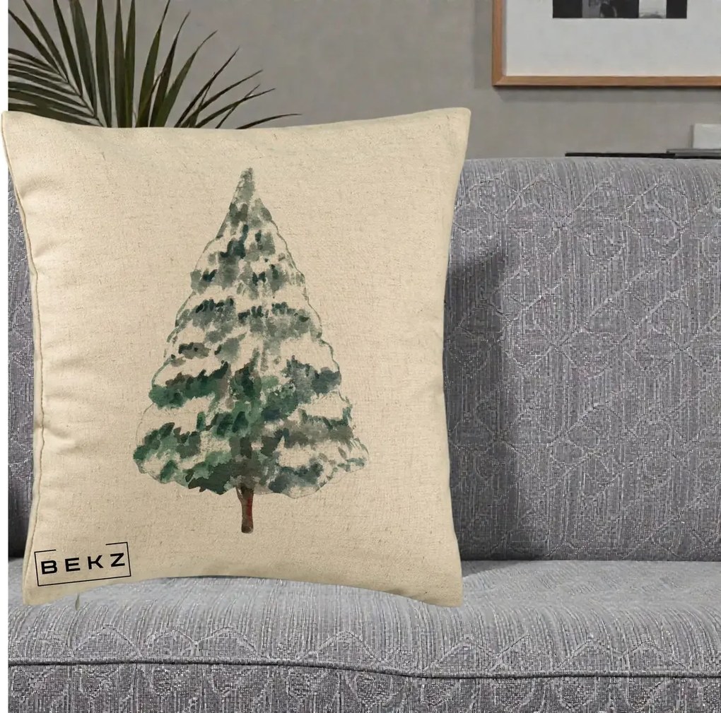 Perna Decorativa cu tematica de Craciun, Brad 2, 40x40 cm, Bej, Husa Detasabila, Perna Inclusa, BEKZ®