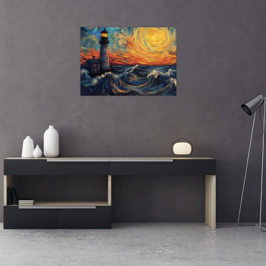 Tablou pe sticlă - Far în valuri (70x50 cm)