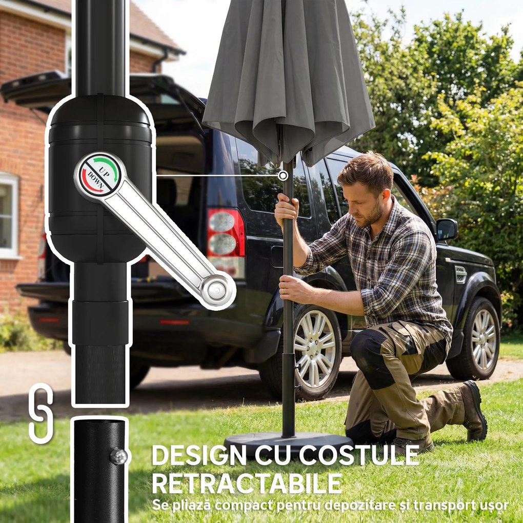 Outsunny Umbrelă 3x3 m cu Bază, Sac de Nisip, Manivelă, Gri Închis | Aosom Romania