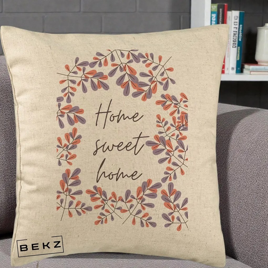 Perna decorativa Home Sweet Home Frunze Colorate, 40x40 cm cu Umplutura, Bej, BEKZ