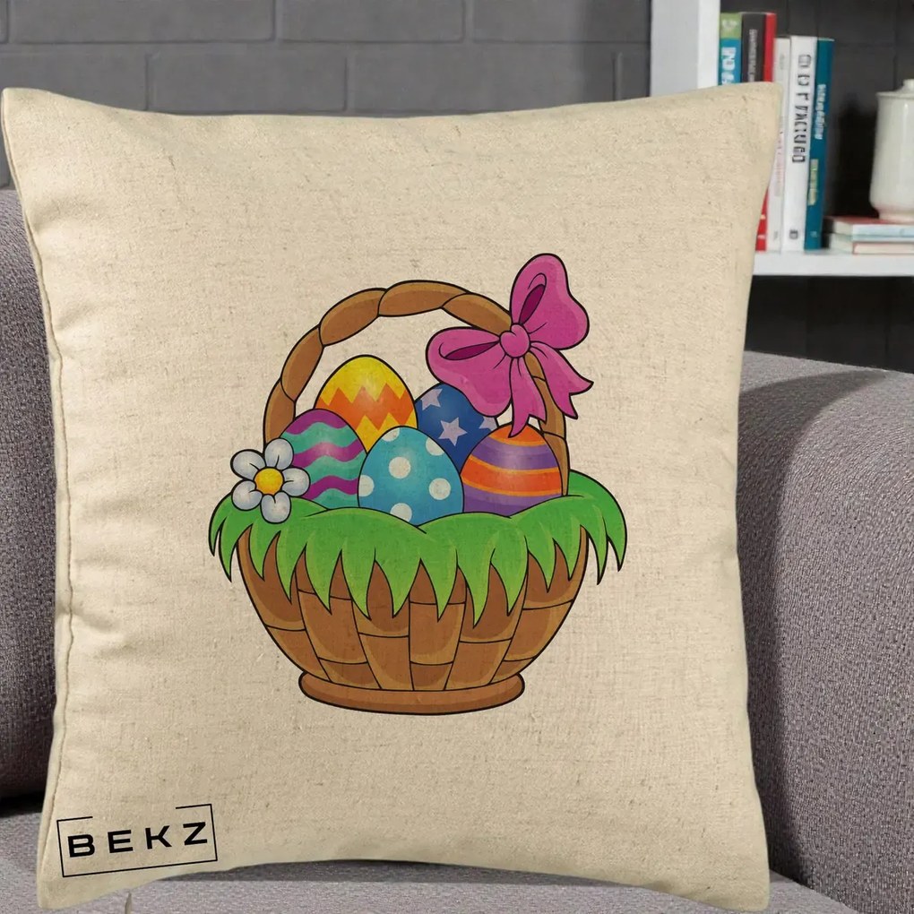 Perna Decorativa Cos cu Oua de Pasti Colorat, 40x40 cm, Bej, Husa Detasabila, Perna Inclusa, BEKZ®