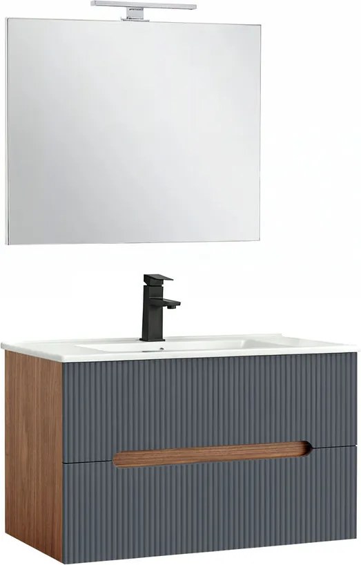 Trent Mobilier de baie 80 cm lavoar ceramic (2 sertare) cu oglindă 60x80 cm stejar sunset-antracit gri