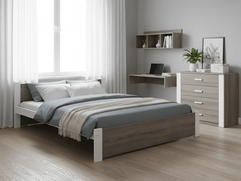 Pat dublu Culoare alb/stejar trufa, IKAROS 160 x 200 cm Saltele: Cu saltele Deluxe 10 cm, Somiera pat: Cu lamele drepte