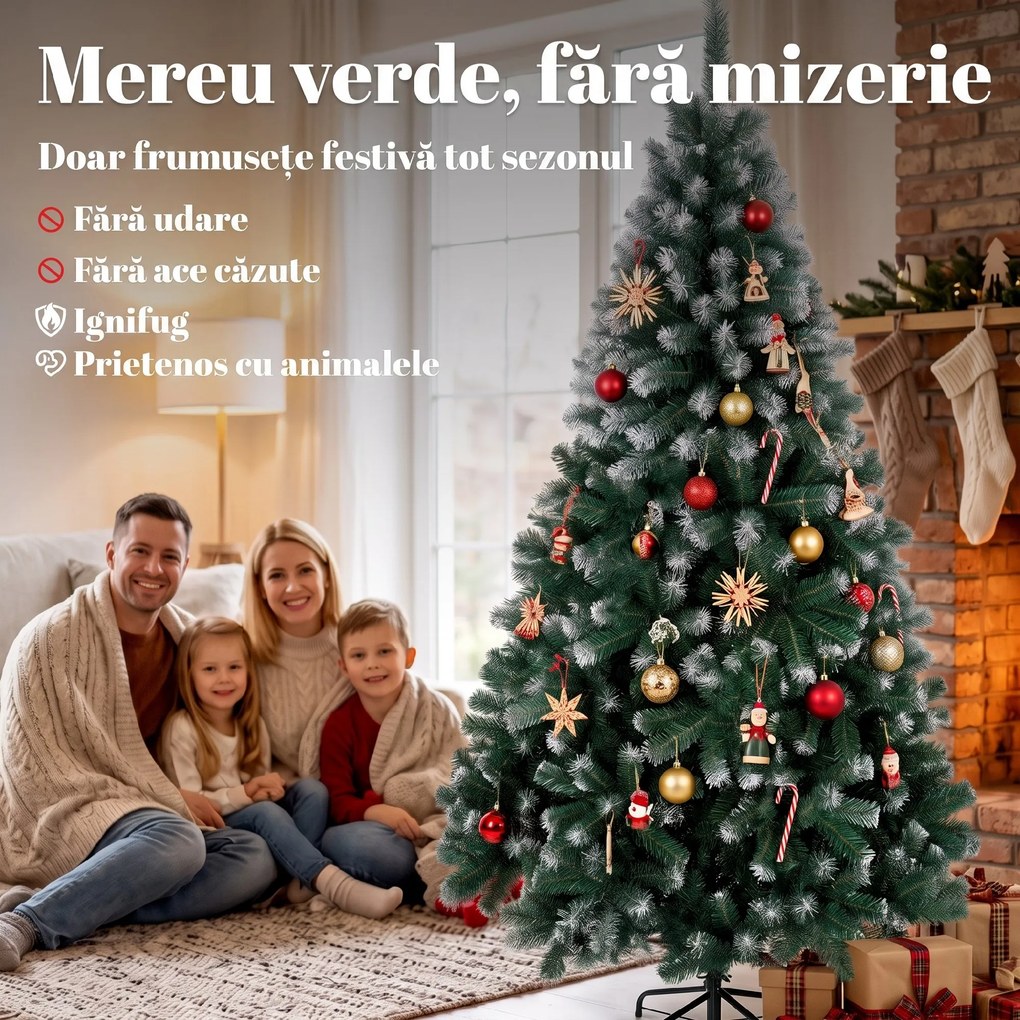 HOMCOM Brad de Crăciun cu 700 Ramuri Ignifuge, Efect Înzăpezit Realist și Bază din Oțel, 100x100x180 cm, Verde | Aosom Romania