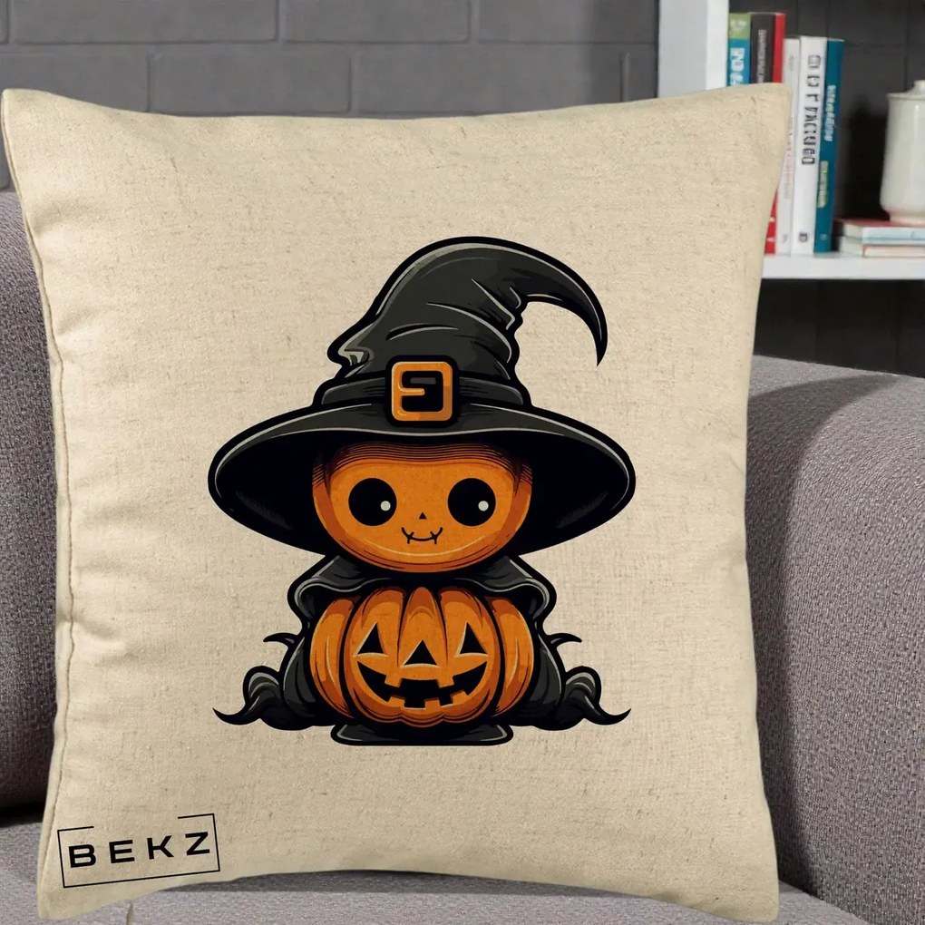 Perna Decorativa Halloween Dovleac Vrajitor Kawaii, 40x40 cm, Bej, Husa Detasabila, Perna Inclusa, BEKZ®