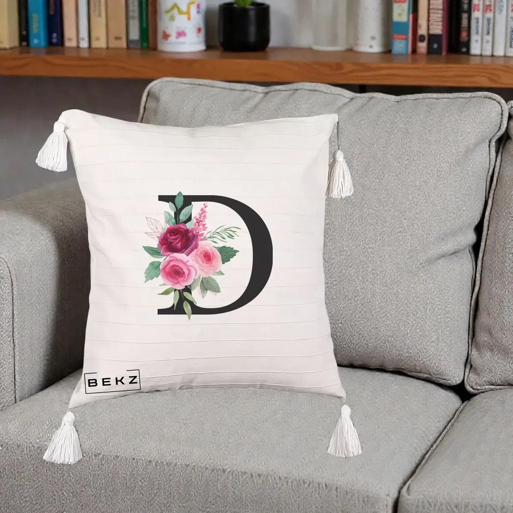 Cadou Personalizat - Perna Personalizata Monograma Florala Litera D, 40x40 cm, Bej cu Franjuri, Husa Detasabila, Perna Inclusa, BEKZ®