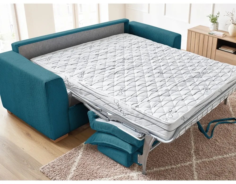 Canapea albastră extensibilă cu tapițerie din catifea reiată 225 cm Augustin – Bobochic Paris