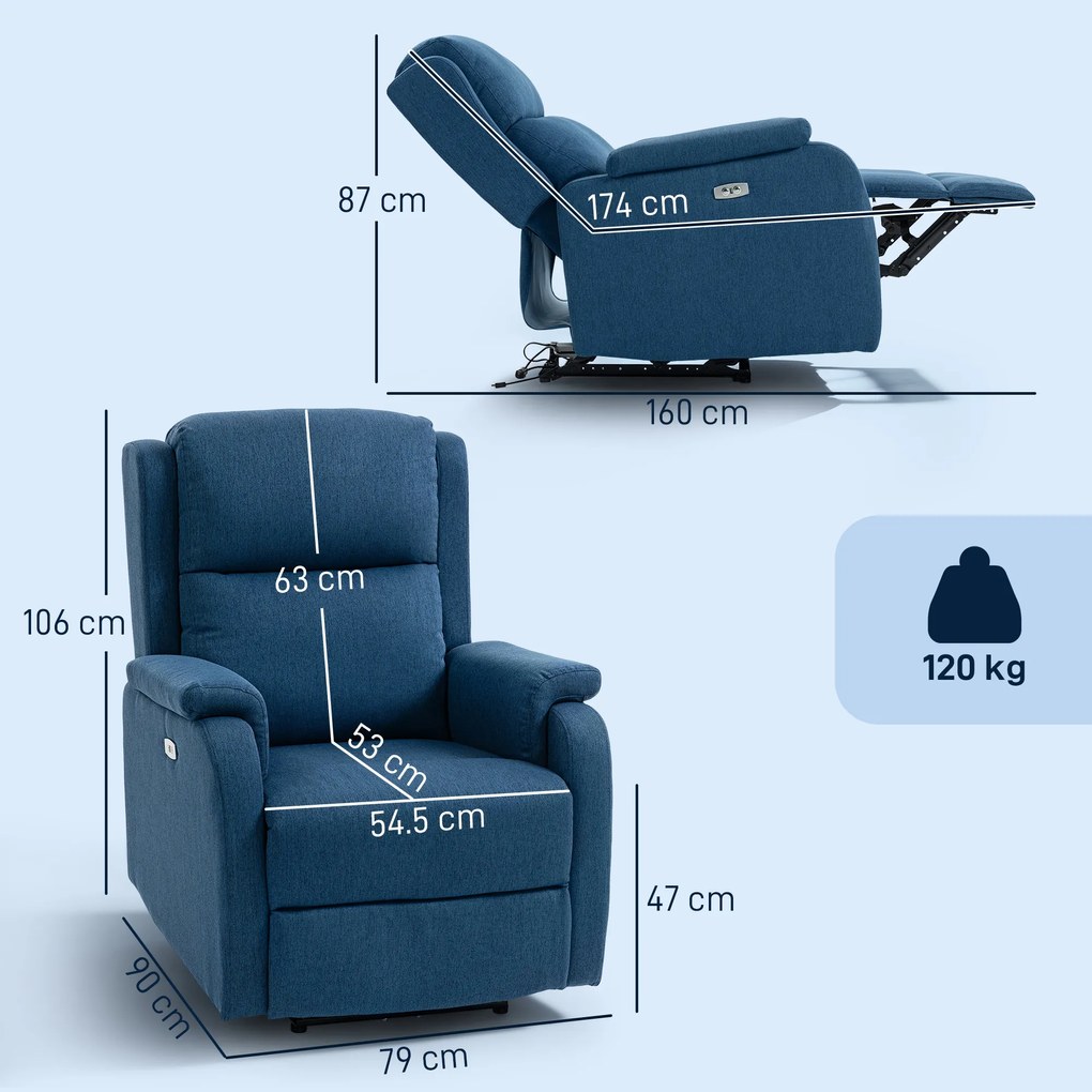 HOMCOM Fotoliu Relax Electric Reclinabil 150° cu Suport pentru Picioare și Port USB, Fotoliu Reclinabil Electric cu Cotiere Largi, Material cu Aspect de In, pentru Living, Dormitor, Albastru | Aosom Romania