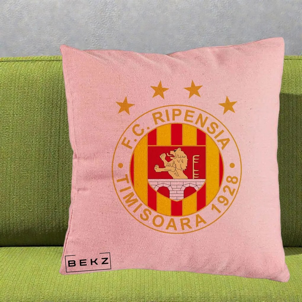Perna Personalizata FC Ripensia Timisoara 1928, 40x40 cm, Roz, Husa Detasabila, Perna Inclusa, BEKZ®