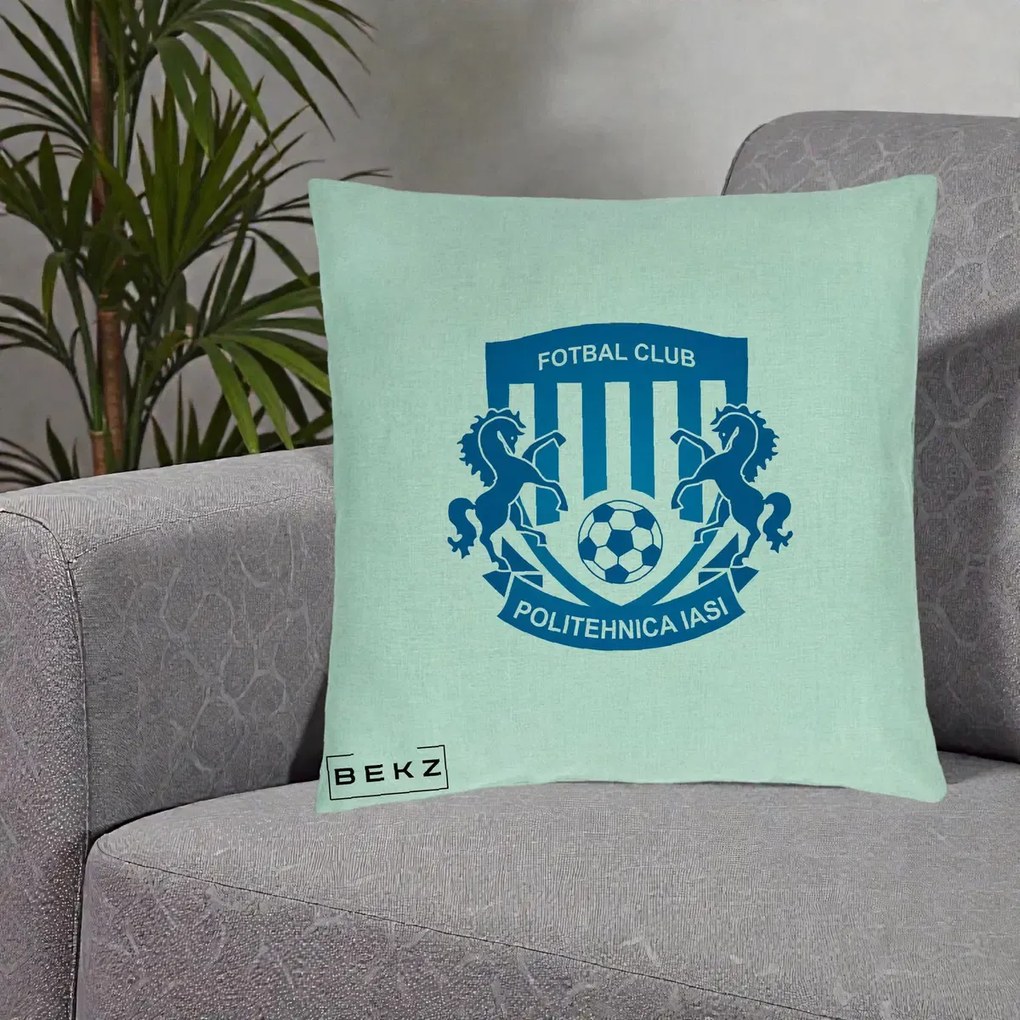 Perna Personalizata FC Politehnica Iasi Fotbal, 40x40 cm, Verde Menta, Husa Detasabila, Perna Inclusa, BEKZ®