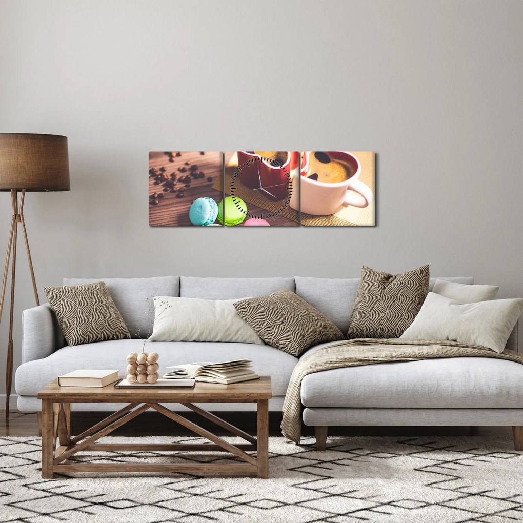 Tablou cu cafea și macarooni (cu ceas) (90x30 cm)
