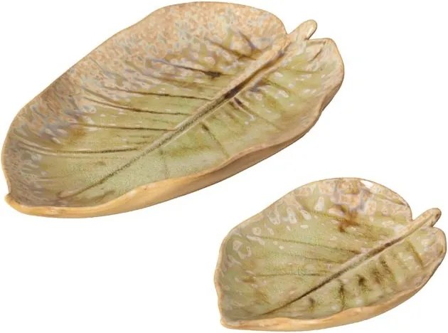 Set 2 farfurii decorative din ceramică artizanală natur și verde, formă de frunză, 2 × 27 × 17 cm, „Nuance"