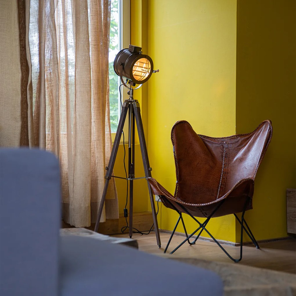 Lampă de podea inteligentă tip trepied, bronz, cu spot de studio din lemn, incl. WiFi A60 - Radient