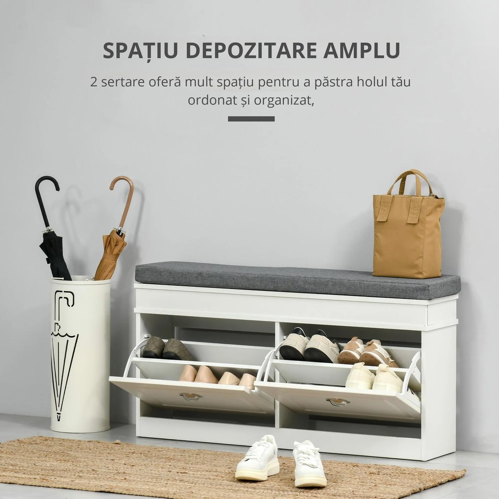 Banchetă-Pantofar HOMCOM din Lemn cu Spațiu de Depozitare, 104x24x55 cm, Design Modern, Alb | Aosom Romania