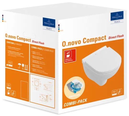 Set vas WC rimless suspendat, Villeroy&amp;Boch O.novo, DirectFlush, cu capac inchidere lenta, 36x49cm, 5688HR