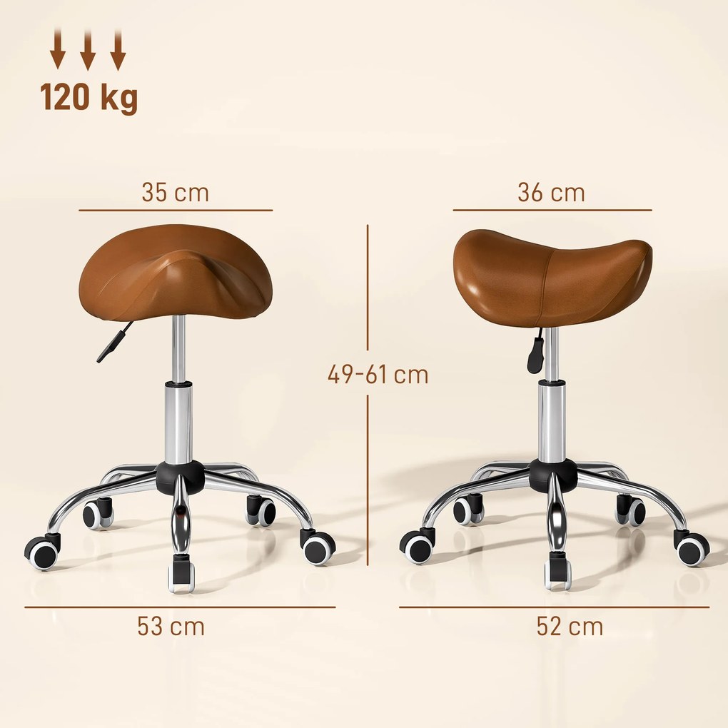 HOMCOM Scaun de Lucru Tip Șa cu Roți și Înălțime Reglabilă pentru Saloane de Coafură și Studiouri de Tatuaje, 52x53x49-61 cm, Maro | Aosom Romania