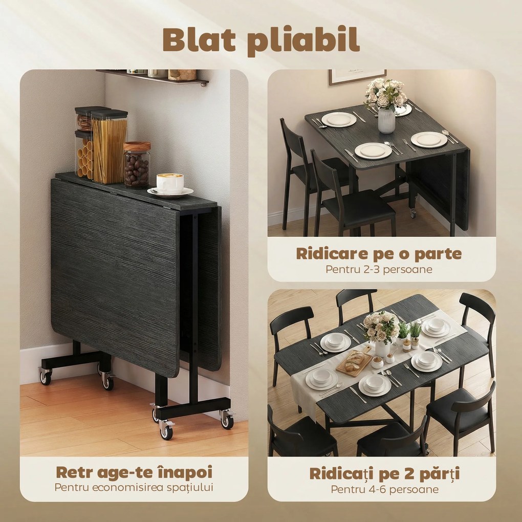 HOMCOM Masă de Dining Pliabilă, Masă de Bucătărie Rabatabilă cu Roți cu Frână pentru 4-6 Persoane, Birou Compact cu Cadru din Oțel, pentru Living, 120x80x73 cm, Negru cu Efect de Lemn | Aosom Romania