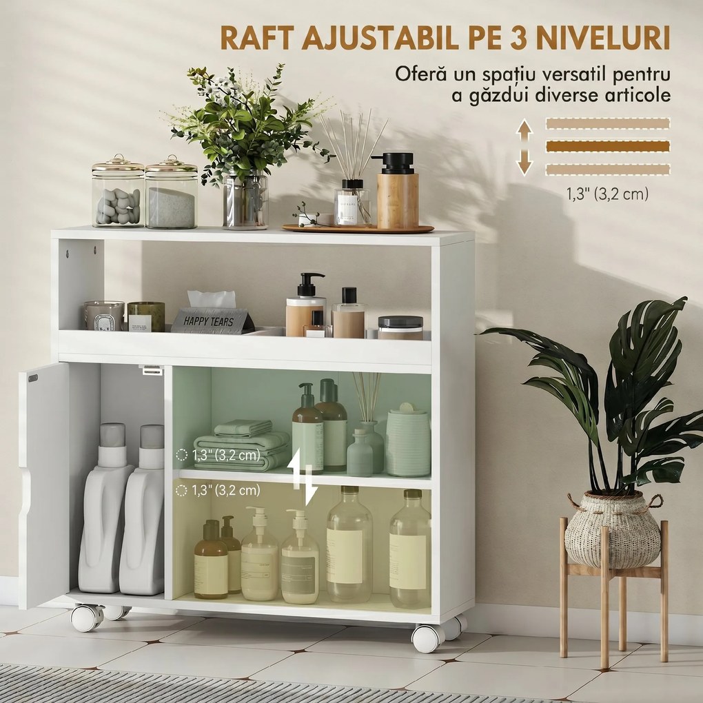 HOMCOM Dulap de Baie cu Roți, Raft Reglabil, Ușă Glisantă din Sticlă Călită, Alb | Aosom Romania