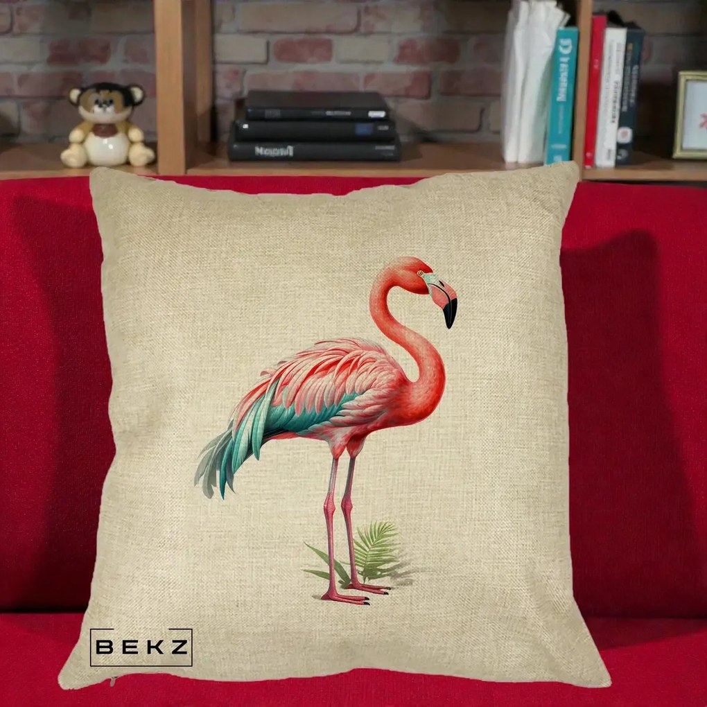 Perna Decorativa Flamingo Roz cu Pene Teal, 40x40 cm, Crem, Husa Detasabila, Perna Inclusa, BEKZ®