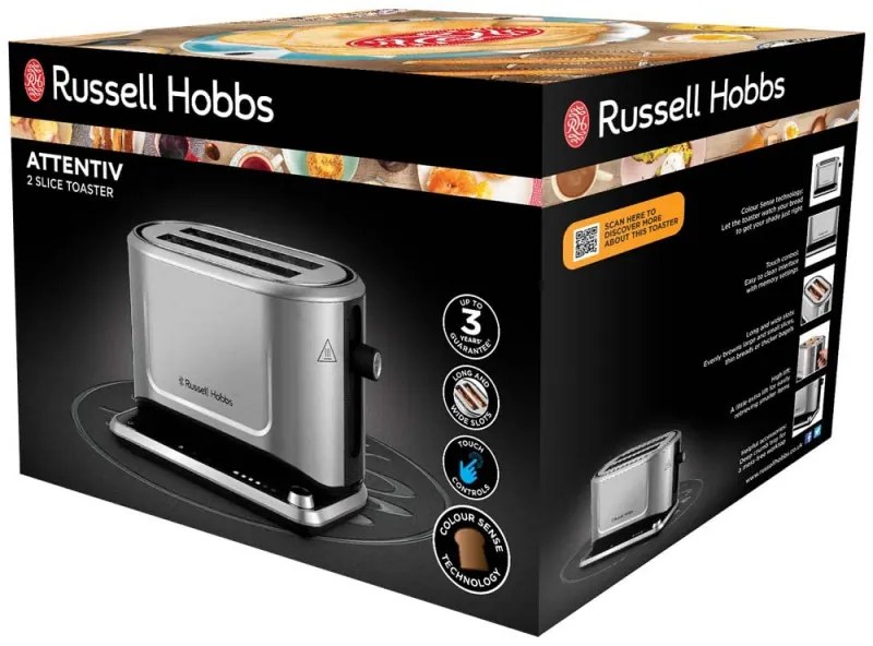 Prajitor de paine Russell Hobbs Attentiv 26210-56, 1640W, 2 felii, 6 trepte, Centrare, Control tactil, LED, Depozitare, Fara BPA si PFAS, Inox/Negru