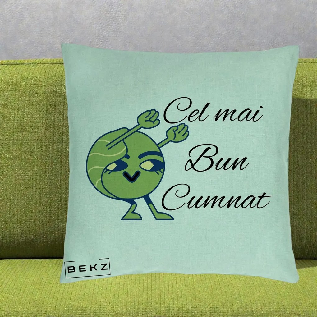 Cadou pentru Cumnat - Perna Personalizata Cel mai Bun Cumnat cu Personaj Funny Verde, 40x40 cm, Verde Menta, Husa Detasabila, Perna Inclusa, BEKZ®