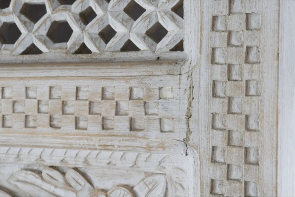 Bibliotecă sculptată din lemn masiv de mango, finisaj alb antichizat, 6 rafturi deschise, 180×40×200 cm, „Maharaja"