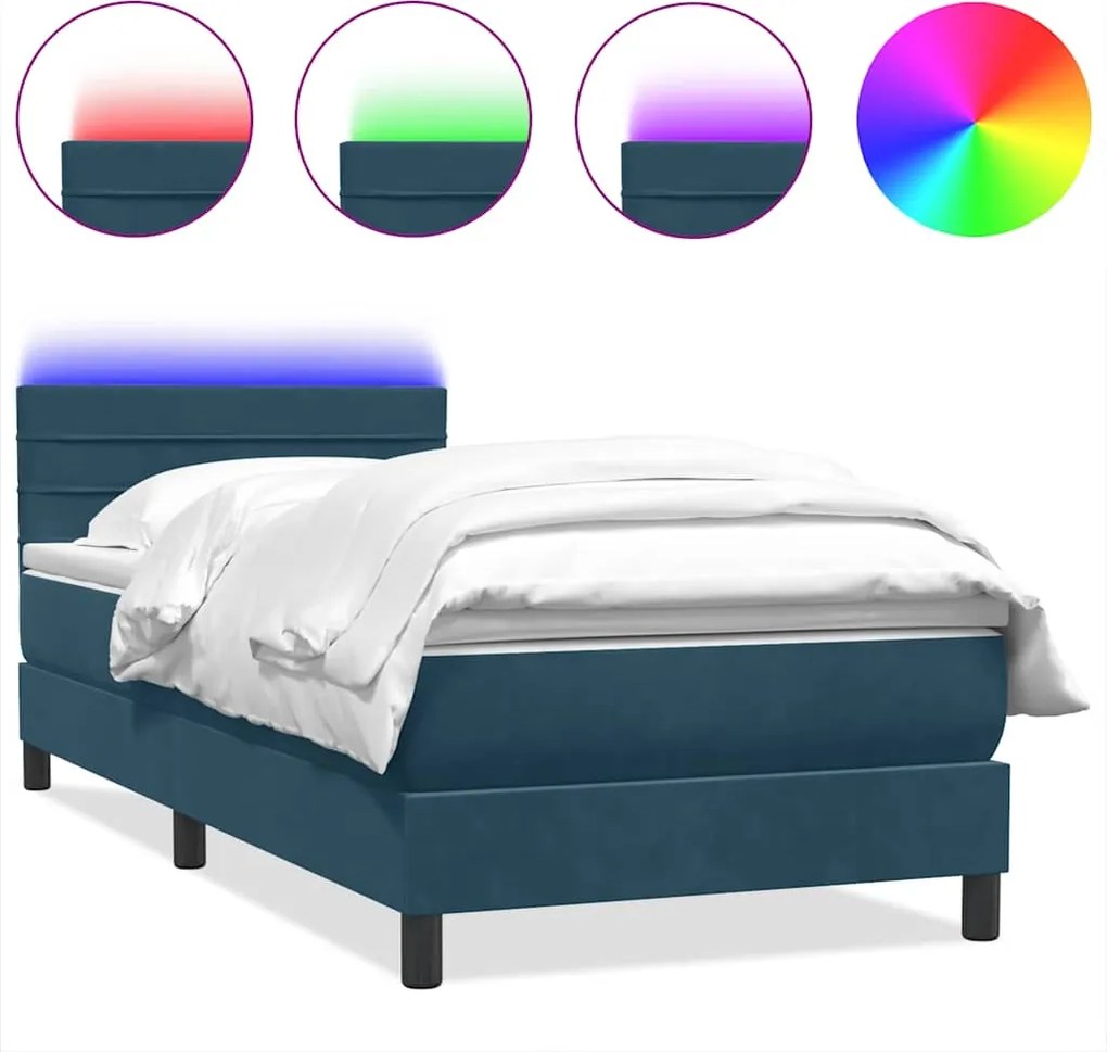 vidaXL Pat cu arcuri cu saltea și LED, albastru închis, 80x210 cm, catifea