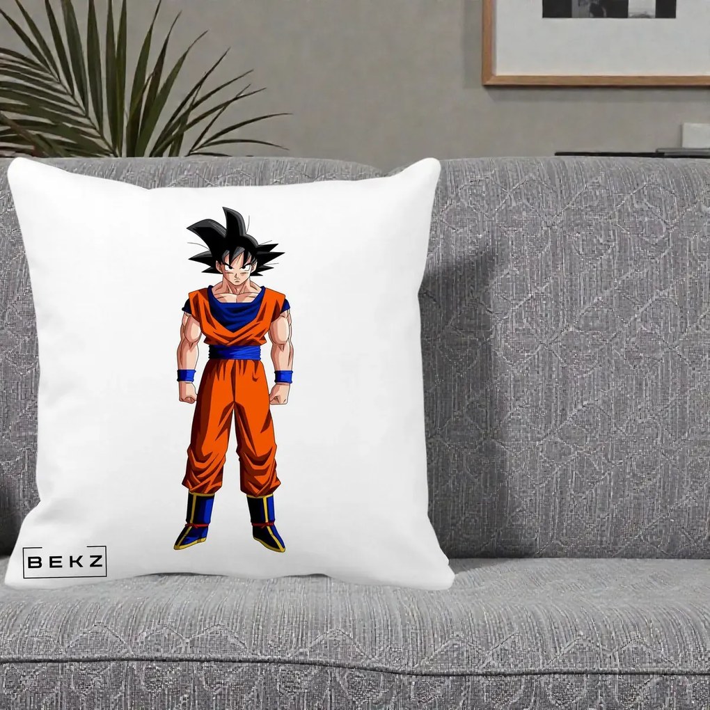 Perna Personalizata Dragon Ball Goku Complet in Gi Portocaliu, 40x40 cm, Alba Mata, Husa Detasabila, Perna Inclusa, BEKZ®