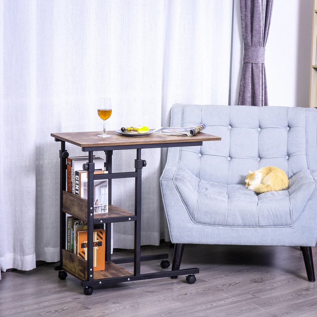 HOMCOM Masă auxiliară cu role, reglabilă pe înălțime, compactă, 2 rafturi, cadru metalic, 80x40x72-82 cm, Maro/Negru | Aosom Romania