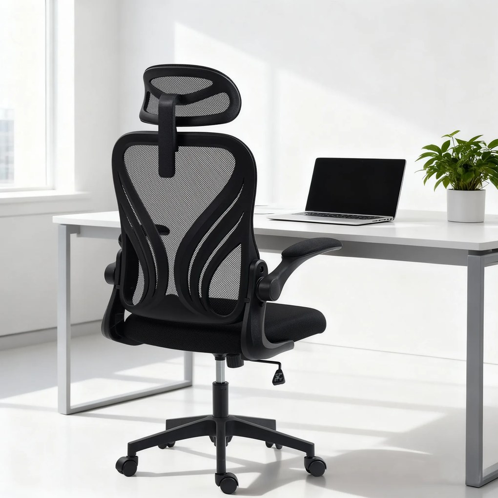 HOMCOM Scaun de Birou Ergonomic cu Brațe Rabatabile și Spătar Pliabil, Scaun de Birou cu Funcție Balansoar, Tetieră Reglabilă, Șezut Rotativ, Negru | Aosom Romania