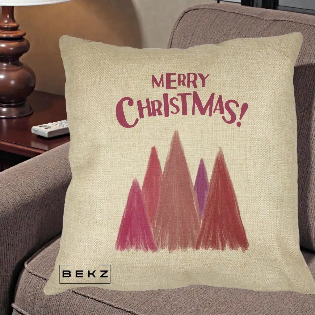 Perna Decorativa Merry Christmas Brazi Roz, 40x40 cm, Crem, Husa Detasabila, Perna Inclusa, BEKZ®
