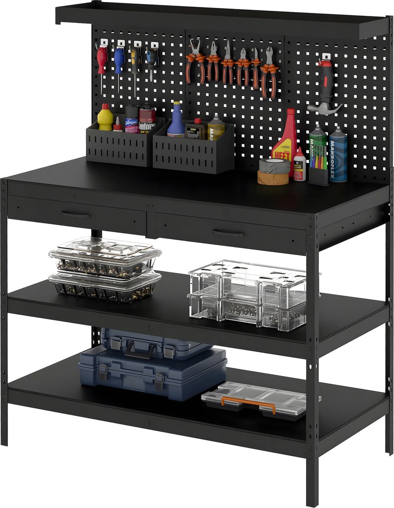 HOMCOM Banc de lucru cu rafturi reglabile, stație de lucru robustă cu panou perforat și 2 sertare, 122 x 61 x 156 cm, Negru | Aosom Romania
