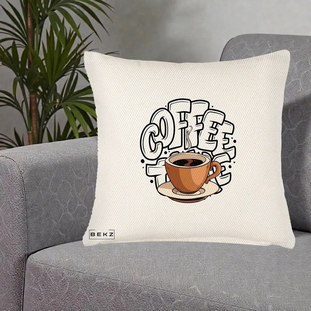 Perna Personalizata COFFEE cu Cana, 40x40 cm, Crem Reliefat, Husa Detasabila, Perna Inclusa, BEKZ®