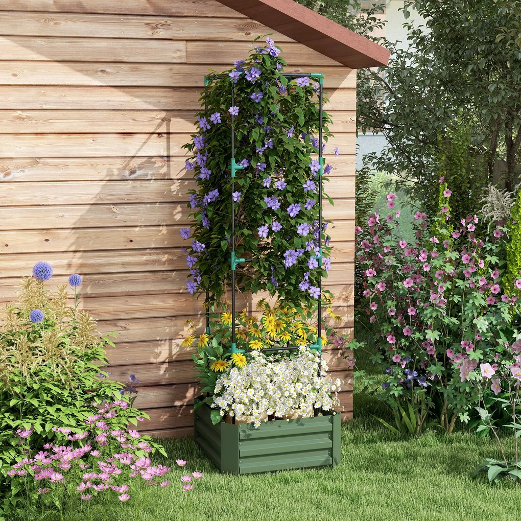 Outsunny Jardinieră cu spalier reglabil, ladă de flori cu cușcă pentru roșii din oțel galvanizat 61 x 61 x 187 cm verde | Aosom Romania