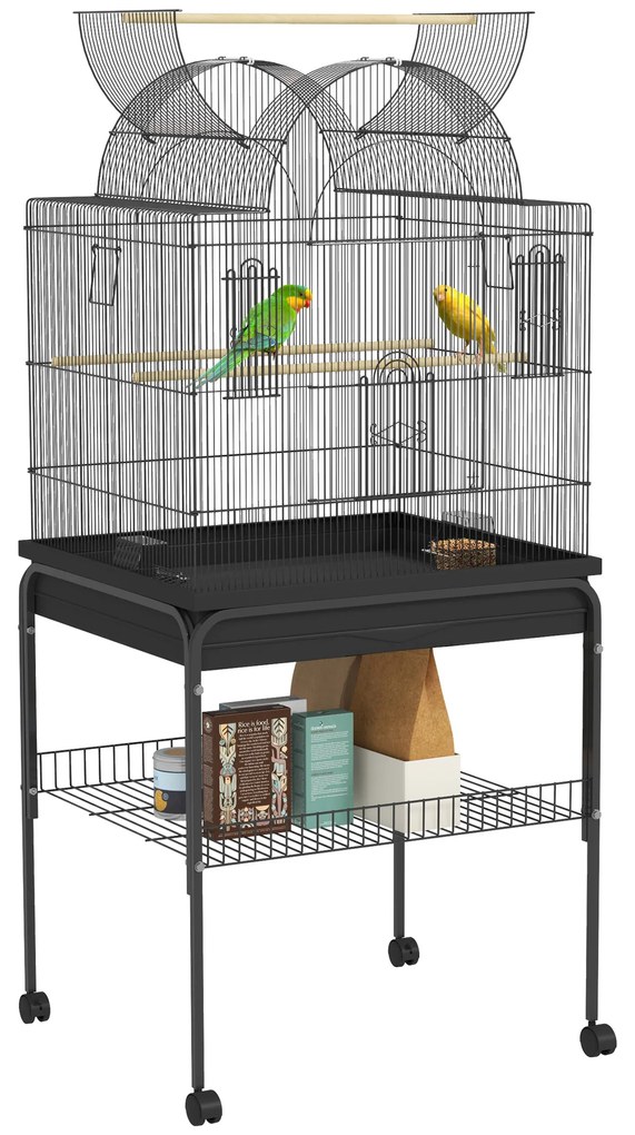 PawHut Cușcă pentru serinari &amp; papagali, mobilă, cu raft, grilaj din metal, negru | Aosom Romania