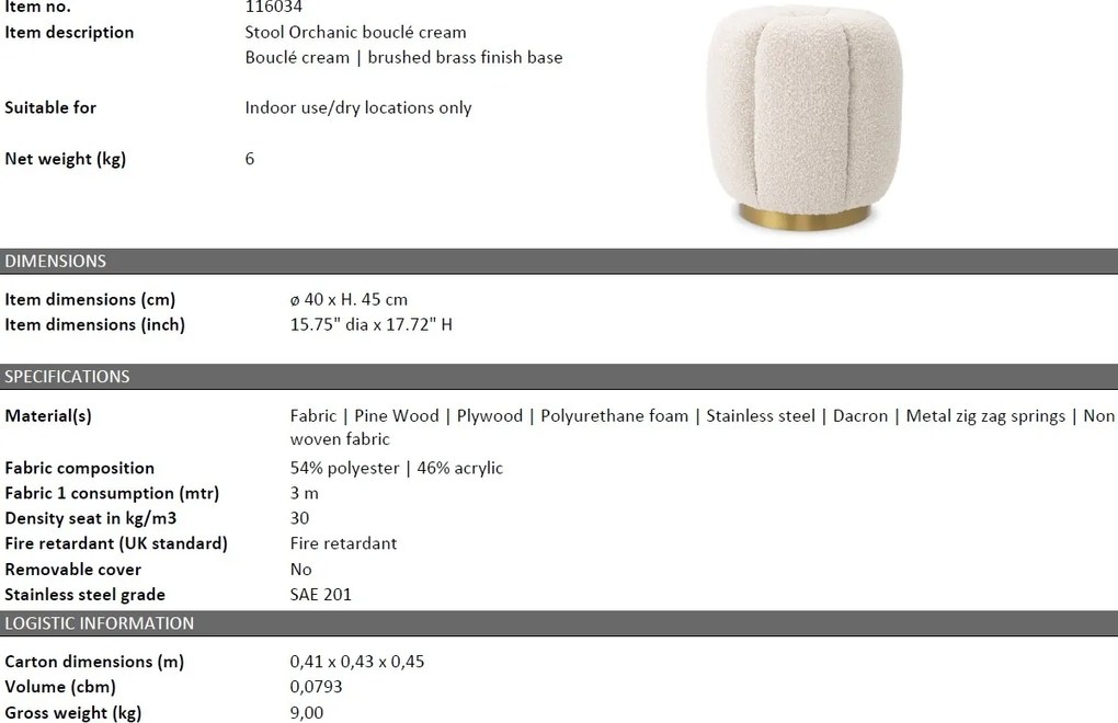 Taburete elegant design LUX Orchanic, Bouclé cream