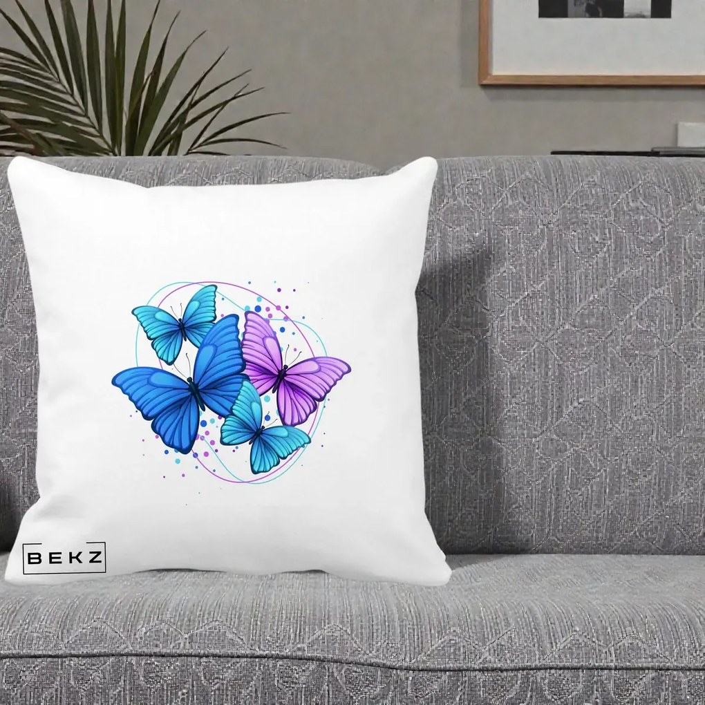 Perna Decorativa Patru Fluturi Turcoaz-Violet, 40x40 cm, Alba Mata, Husa Detasabila, Perna Inclusa, BEKZ®
