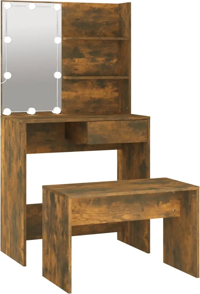 vidaXL Set măsuță de toaletă cu LED, stejar afumat, lemn prelucrat