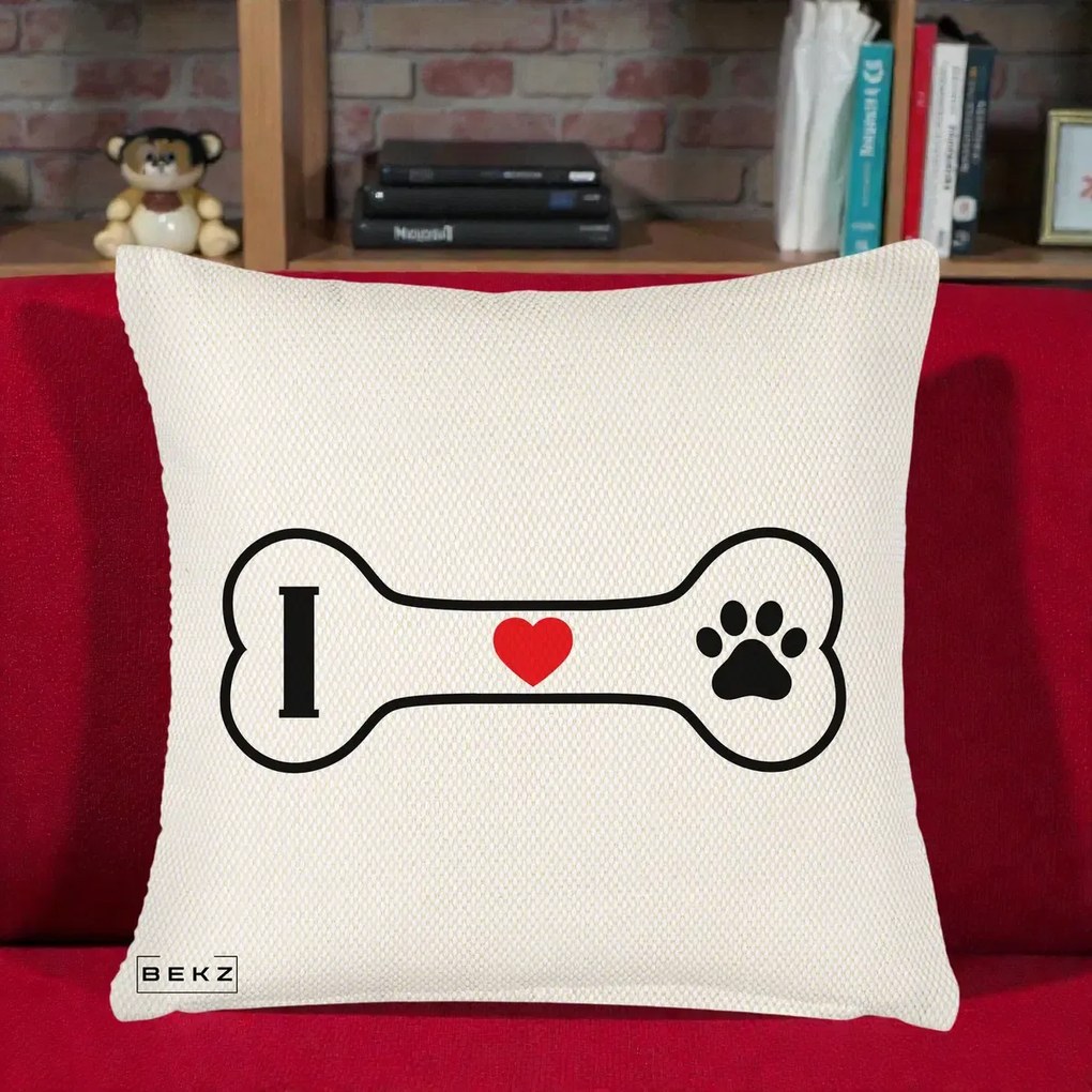 Perna Personalizata I Love Dog Os si Labuta, 40x40 cm, Crem Reliefat, Husa Detasabila, Perna Inclusa, BEKZ®