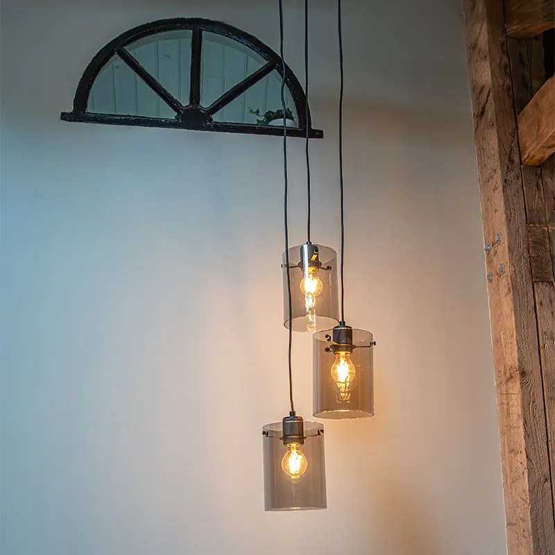 Lampă suspendată de design neagră cu sticlă fumurie cu 3 lumini - Dome