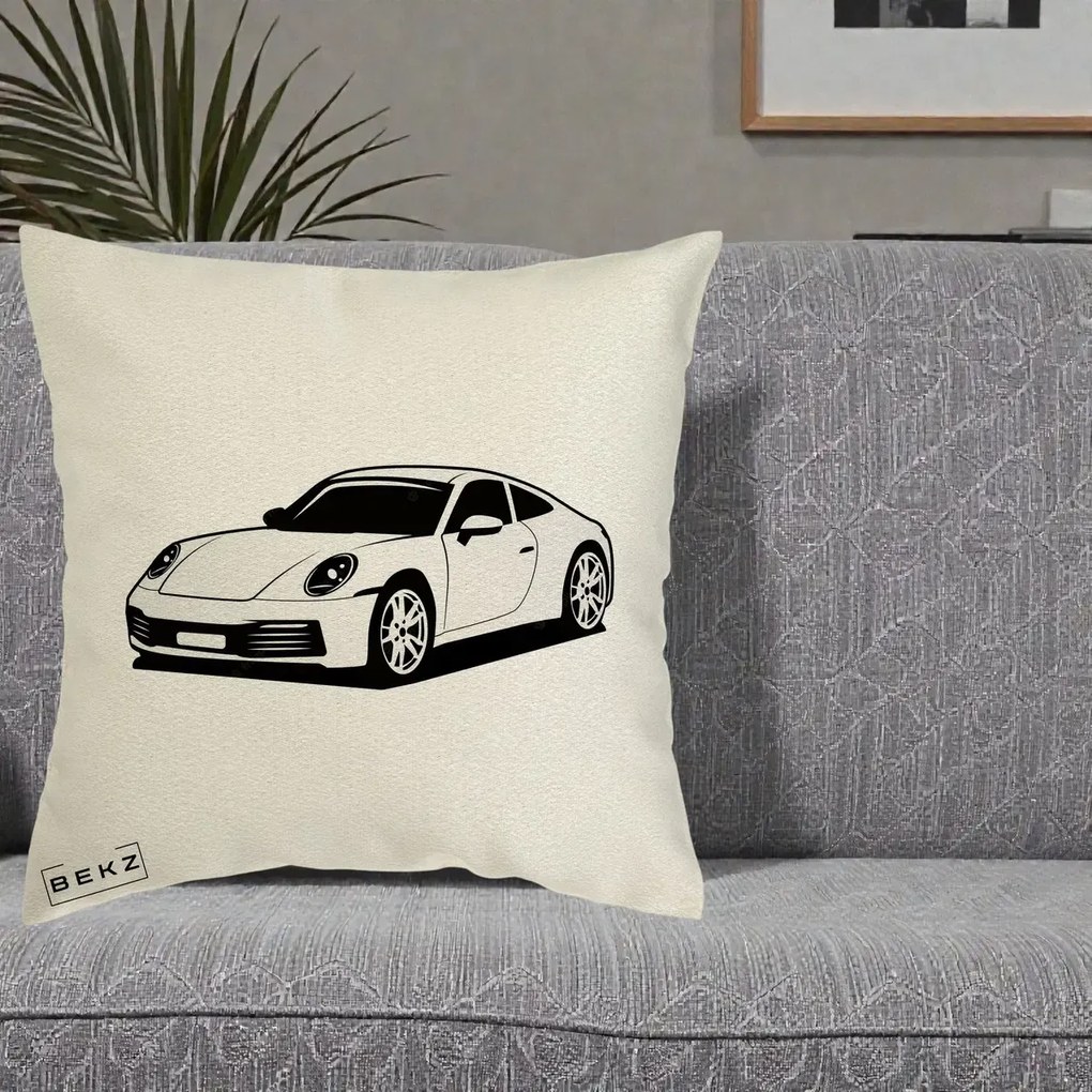 Perna Personalizata Porsche 911 Silueta, 40x40 cm, Ecru, Husa Detasabila, Perna Inclusa, BEKZ®