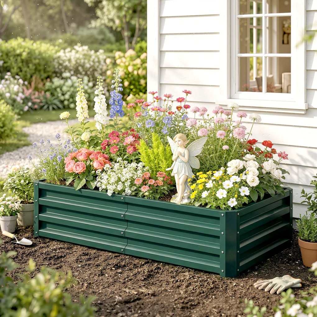 Outsunny Pat de Gradina Galvanizat Inaltat pentru Cultivare Legume Flori Plante Aromatice Cutie de Plantare Metalica Verde 120x90x30cm | Aosom Romania