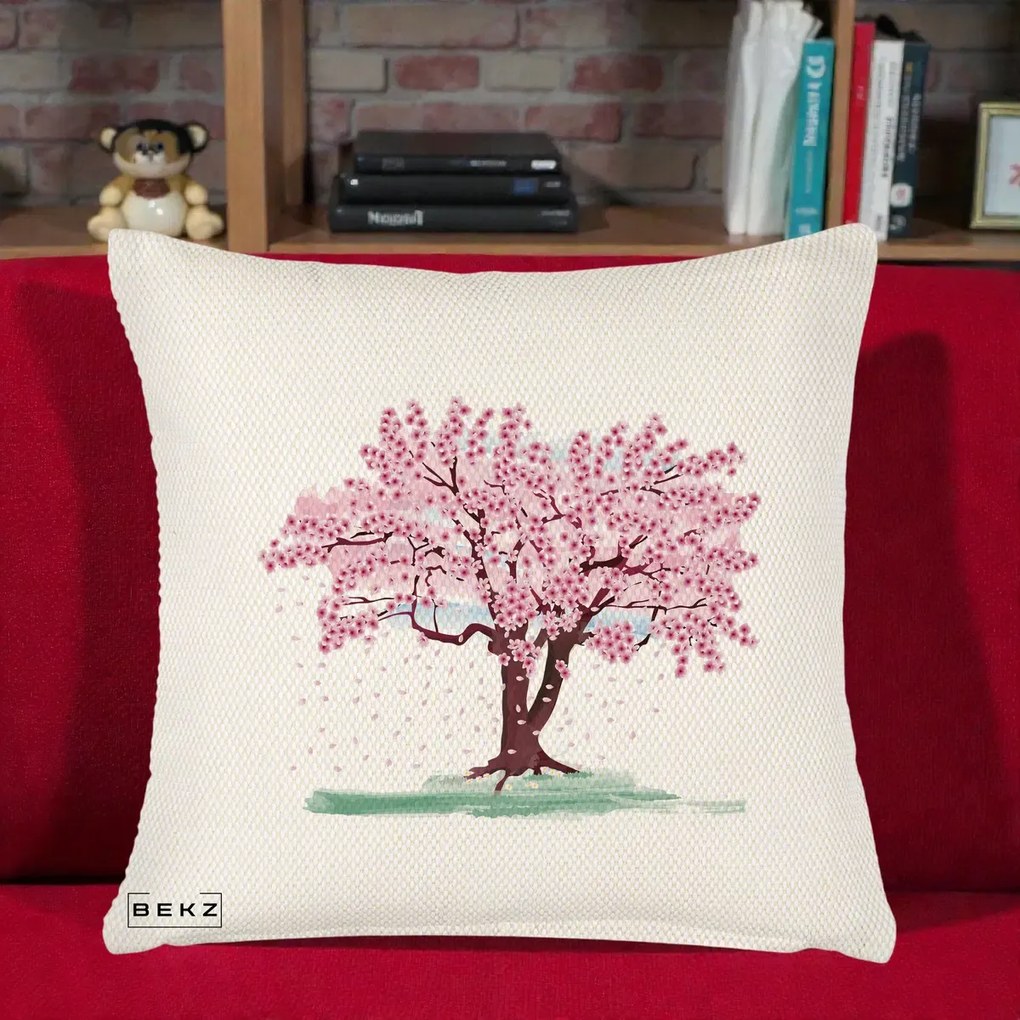 Perna Decorativa Cires Inflorit Acuarela, 40x40 cm, Crem Reliefat, Husa Detasabila, Perna Inclusa, BEKZ®